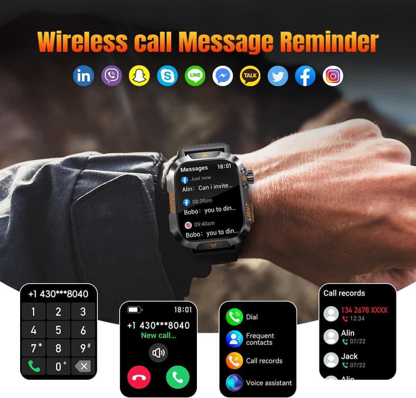 Military Smartwatch for Men, LED Flashlight Bluetooth Call IP68 Waterproof Heart Rate Blood Oxygen Sleep Tracker Fitness Pedometer Android iOS Compatible - Ideal for Hunting Hiking Extreme Sports