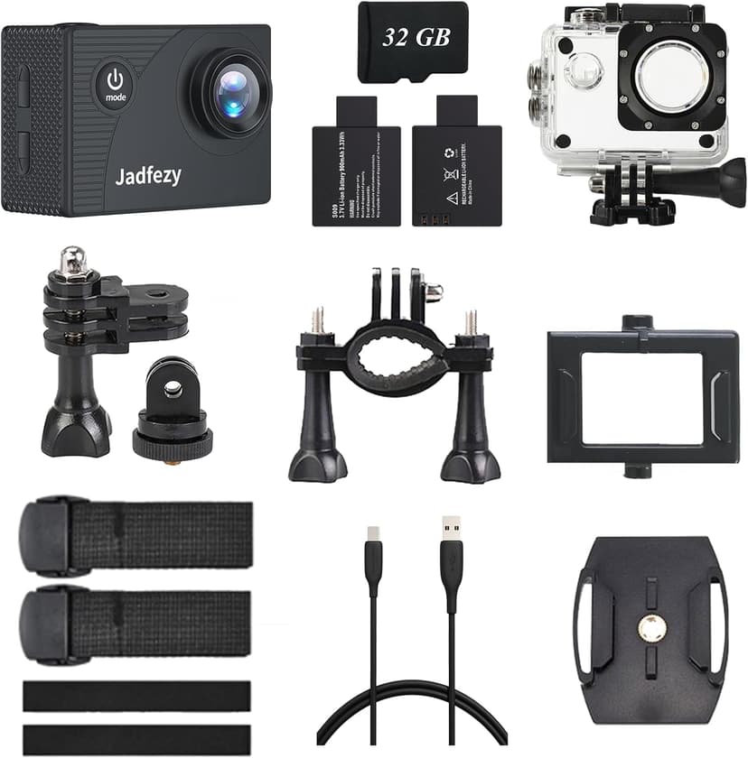 Jadfezy Action Camera FHD 1080P with 32GB Card, 98FT/30M Underwater Waterproof Camera with 2 Rechargeable Batteries, Wide Angle Sports Camera with Accessories Kit Suitable for Helmet, Bicycle, etc.