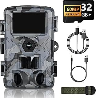 Trail Camera, 60MP Hunting Camera with WiFi, 32GB TF Card, Night Vision, Motion Activated, IP66 Waterproof, 120°Wide-Angle for Deer Scouting or Home Security, APP Control, H.264 MP4 Video