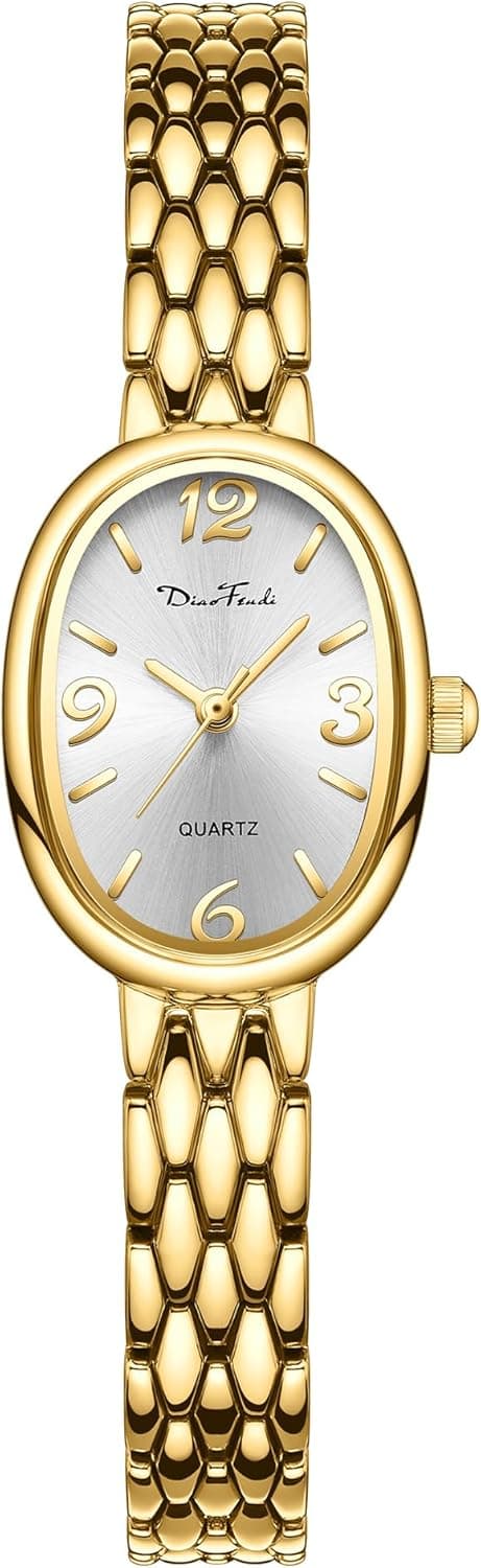 Diaofendi Petite Vintage Oval Gold Women’s Watch, Waterproof Elegant Watch with Japanese Quartz Movement, Adjustable Strap with Tool