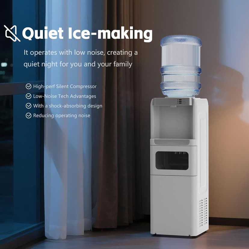 4 in 1 Water Cooler Dispenser with Ice Maker, Hot & Cold Water Dispenser for Home & Office, 33lbs/24H Bullet Ice, Top Loading 3-5 Gallon, Child Safety Lock, Ice Ready in 7 Mins (White)