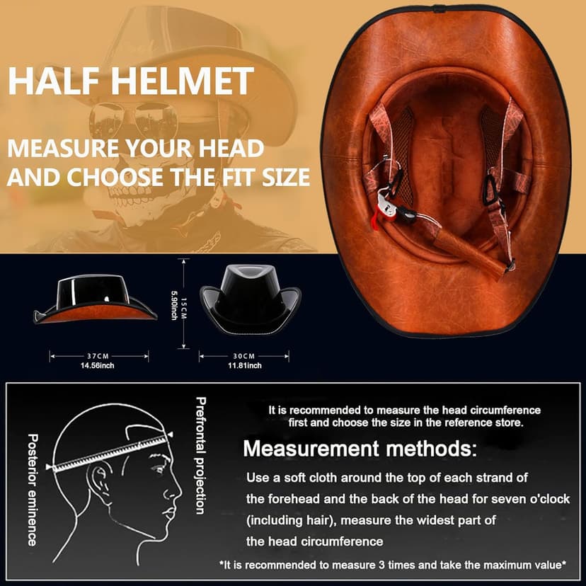 Retro Motorcycle Half Helmet, Western Cowboy Hat Helmet Open Face Motorcycle Helmet DOT Approved Unisex-Adult Half Helmet with Quick Release Buckle and Lining for Mopeds Horse Riding Jazz Caps