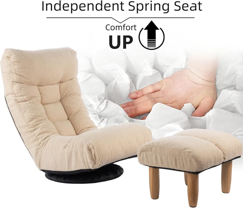 Swivel Lazy Floor Chair with Ottoman, Adjustable Reclining Floor Lounger with Back Support, Comfy Tatami Sofa Seat for Adults Bedroom & Gaming