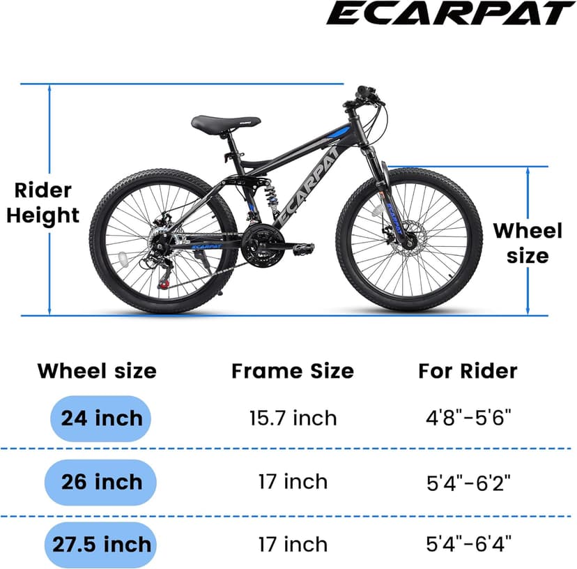 Ecarpat 24/26/27.5 Inch Mountain Bike, Full/Front Suspension Mens Boys Mountain Bike with 21 Speed Steel Frame and Dual Disc Brakes, Adult Sport Bicycle for Trail City Road, Gift Choice