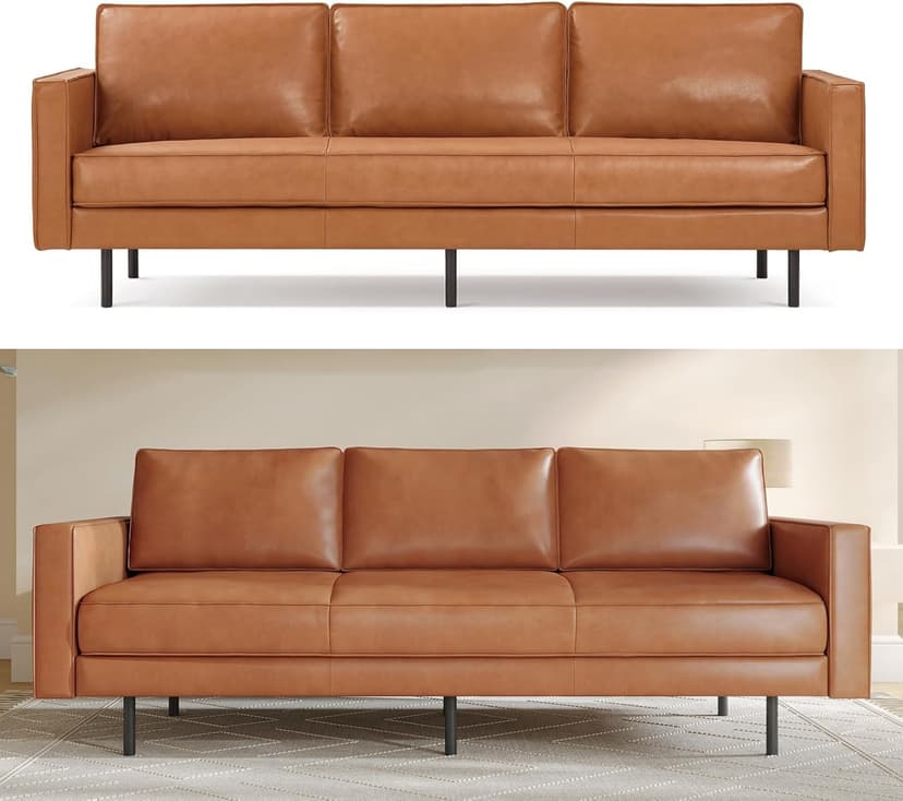 Valencia Varese 90" Full Leather Couch Cognac Tan Brown- Italian Nappa Leather Modern Cloud Couch for Living Room/Apartment Furniture