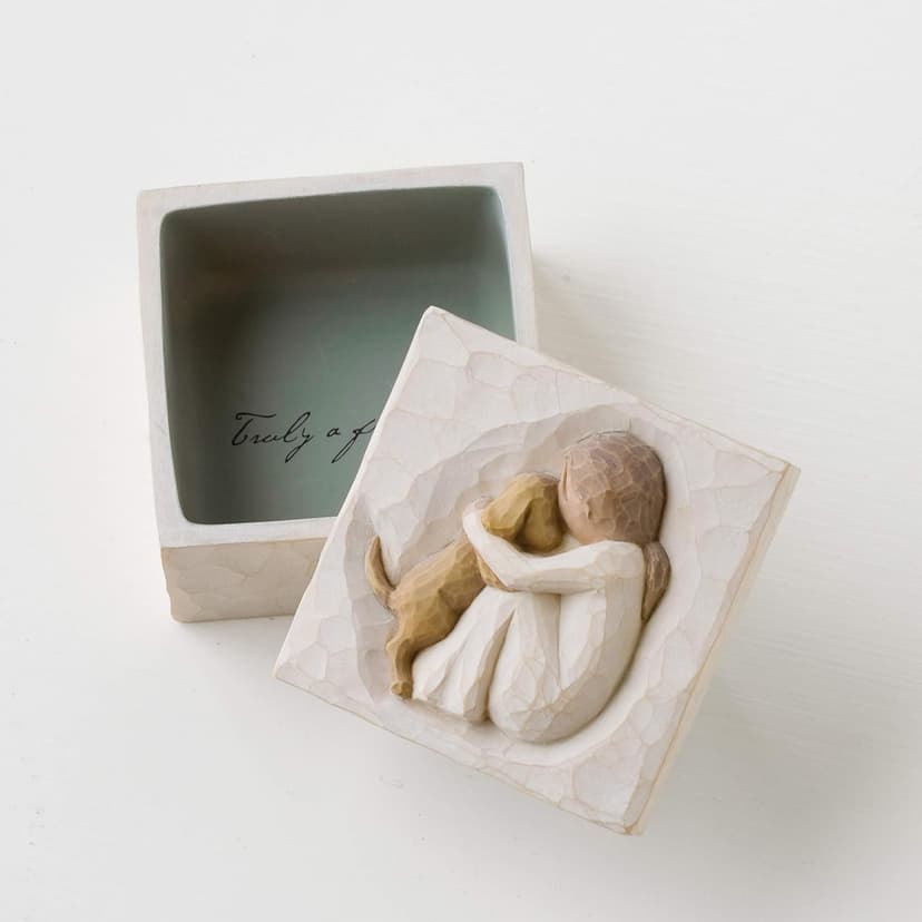 Willow Tree True, Truly a Friend, Box for Jewelry and Treasures with Bas-Relief Carving of Girl with Puppy Dog, Sculpted Hand-Painted Keepsake Box
