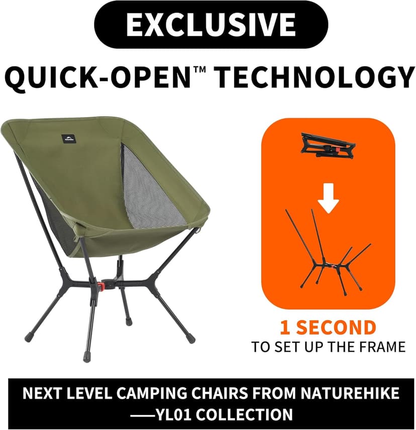 Naturehike YL01 Snap Camping Chair, 1 Second Setup Frame, 441lb Capacity Camp Chair, Portable & Lightweight Backpacking Chair