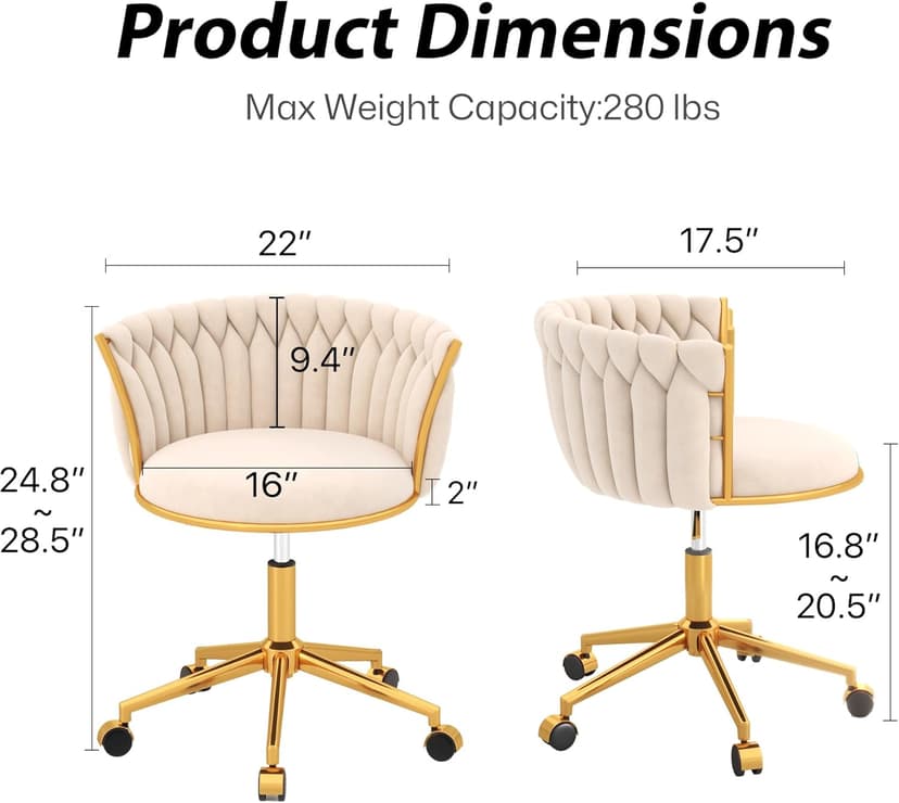 HENGJIANYI Velvet Woven Home Office Chair, Modern Swivel Desk Chair with Wheels, Height Adjustable Vanity Chair with Gold Metal Base and Hand Weaving Back, Beige