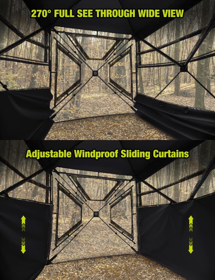 TIDEWE Hunting Blind 270°Full See Through with Windproof Curtain, Silent Magnetic Door & Sliding Windows, Pop Up Ground Blind with Carrying Bag, 300D Portable Tent