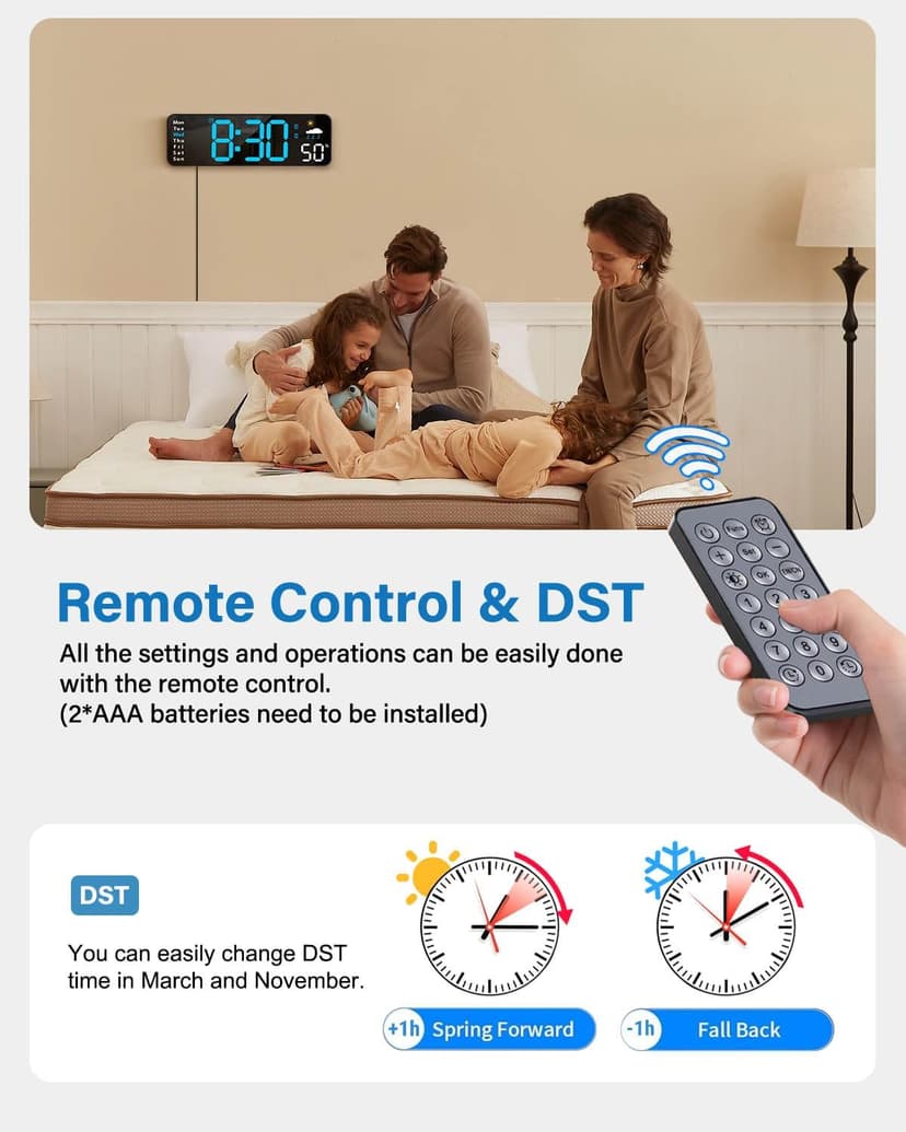 Digital Wall Clock, Digital Clock Large Display with Remote Control, Corded LED Alarm Clocks with Date, Week, Temp, Humidity, Auto DST, Countdown, for Living Room Bedroom Classroom Office (Blue)