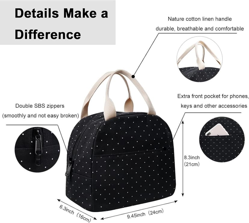 EurCross Upgraded Compact Black Lunch Bag for Girls Women,Canvas Reusable Insulated Polka Dot Lunch Tote Box Bag for Work School