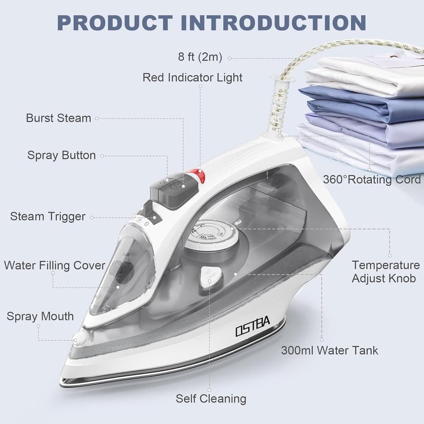 OSTBA 1600W Steam Iron for Clothes with Rapid Heating Nonstick Soleplate, Precise Thermostat Dial, Self-Cleaning, Anti-limescale, Drip Stop Function, 300ml Water Tank Clothes Iron