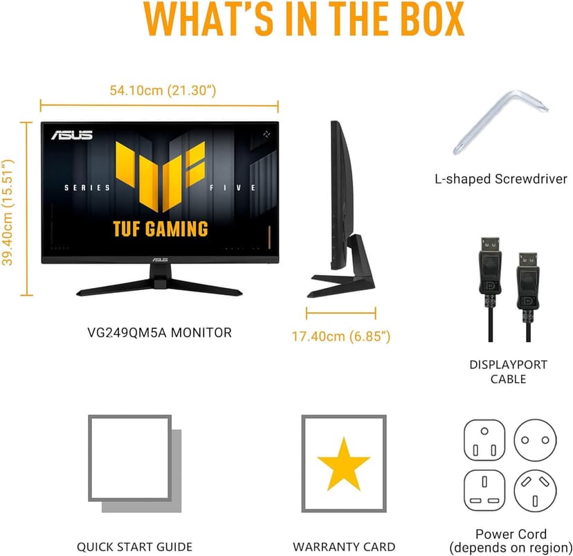 ASUS TUF Gaming Series 5 24” 1080P Gaming Monitor (VG249QM5A) - Full HD, Fast-IPS, 240Hz, 0.3ms, G-SYNC Compatible, FreeSync Premium, Extreme Low Motion Blur Sync, 99% sRGB, Gaming AI, 3 yr Warranty