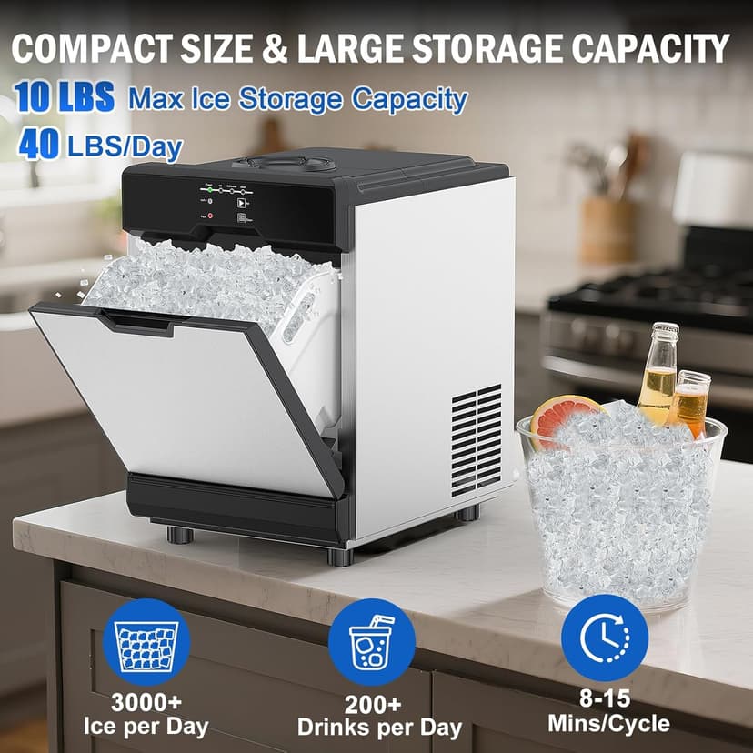 Nugget Ice Maker, 80 LBS/Day with 15 LBS Storage Bin, Freestanding Undercounter Ice Maker Machine Stainless Steel, Soft Chewable Pellet Ice Machine for Home Bar Kitchen Office, Self-Cleaning