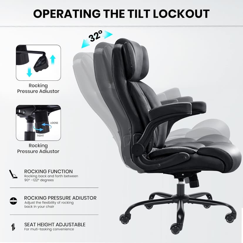 500lbs Big and Tall Office Chair Adjustable Lumbar Support for Back Pain, Extra Wide Seat Executive Office Chair Thick Armrest Pad, Heavy Duty Base&Upgraded Wheels, Ergonomic Comfy Computer Desk Chair