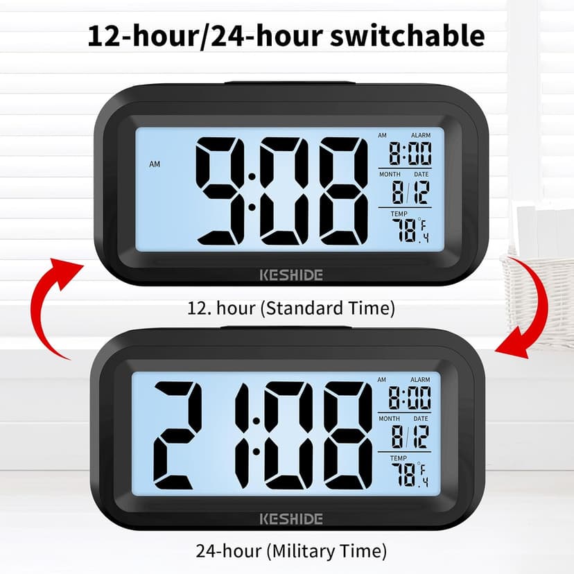 KESHIDE Digital Alarm Clock Battery Operated with Indoor Temperature, Desk Small Clock,Snooze Model,12/24H Display for Bedrooms Heavy Sleepers Kids Travel Bathroom (Black)