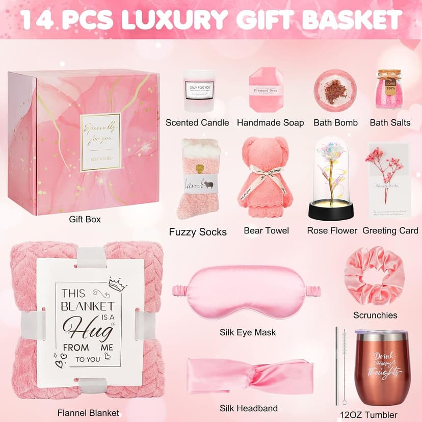 with Luxury Flannel Blanket, Light-up Rose Flower - Unique Self Care Gift Basket for Mom, Wife, Friends Birthday and Get Well Gifts for Women - Relaxing Spa Care Package B0DCN225F9