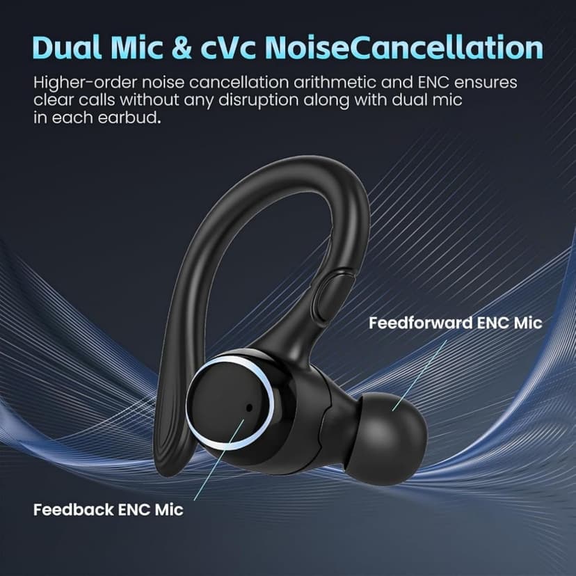 Beniduck Wireless Earbuds Bluetooth 5.3 Headphones Stereo Ear Buds, ENC Noise Cancelling Mic,IPX7 Waterproof Earphones with Hook for Android iOS Smart Phone Laptop Computer Sports - Black