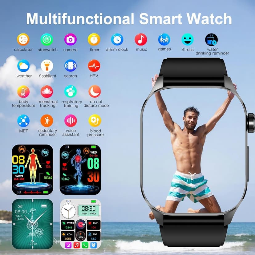 Advanced Health Smartwatch for Women Men with Real-Time Monitoring of Heart Rate, Blood Oxygen, Body Temperature, Blood Pressure, Sleep Auality and Stress Levels.Always-On Display, for Android & iOS