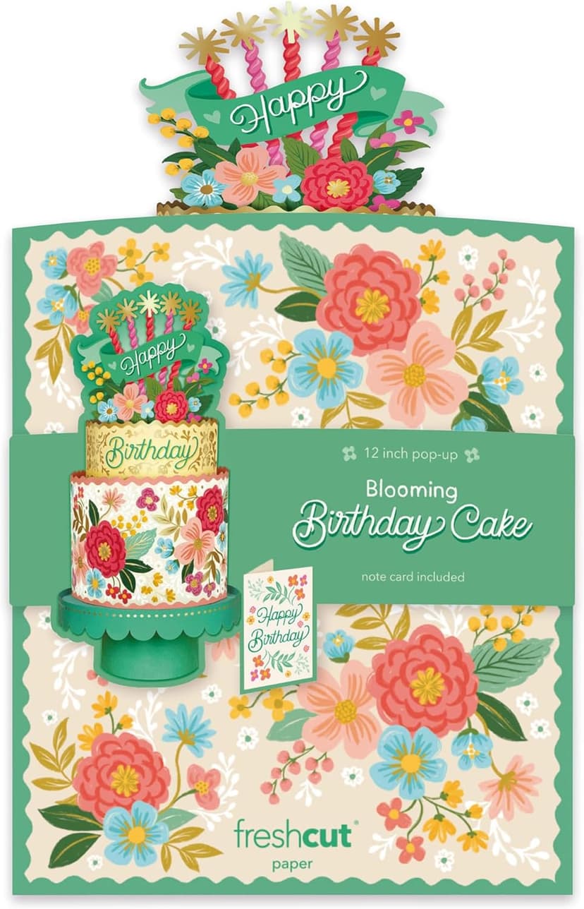 Freshcut Paper Pop Up Birthday Card for Women, Blooming Birthday Cake, 12 Inch Life Sized Tiered Cake, 3D Popup Greeting Cards with Blank Notecard & Envelope
