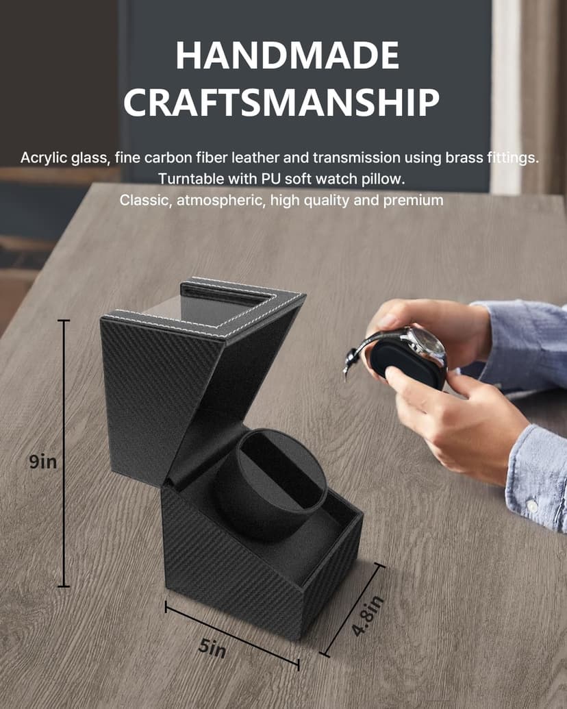 UnaMela Watch Winder for Automatic Watches: Automatic Single Watch Winder Box, Rotating Watch Case in Black Carbon Fiber Leather, Watch Rotator with Japanese Quiet Motor, Battery Powered or AC Adapter