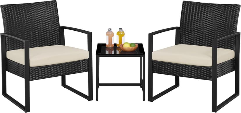 Yaheetech 3 Pieces Rattan Bistro Set, Outdoor Wicker Patio Modern Conversation Furniture, 2 Chairs & Tempered Glass Coffee Table for Garden, Balcony, Backyard, Poolside, Black/Beige