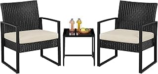 Yaheetech 3 Pieces Rattan Bistro Set, Outdoor Wicker Patio Modern Conversation Furniture, 2 Chairs & Tempered Glass Coffee Table for Garden, Balcony, Backyard, Poolside, Black/Beige