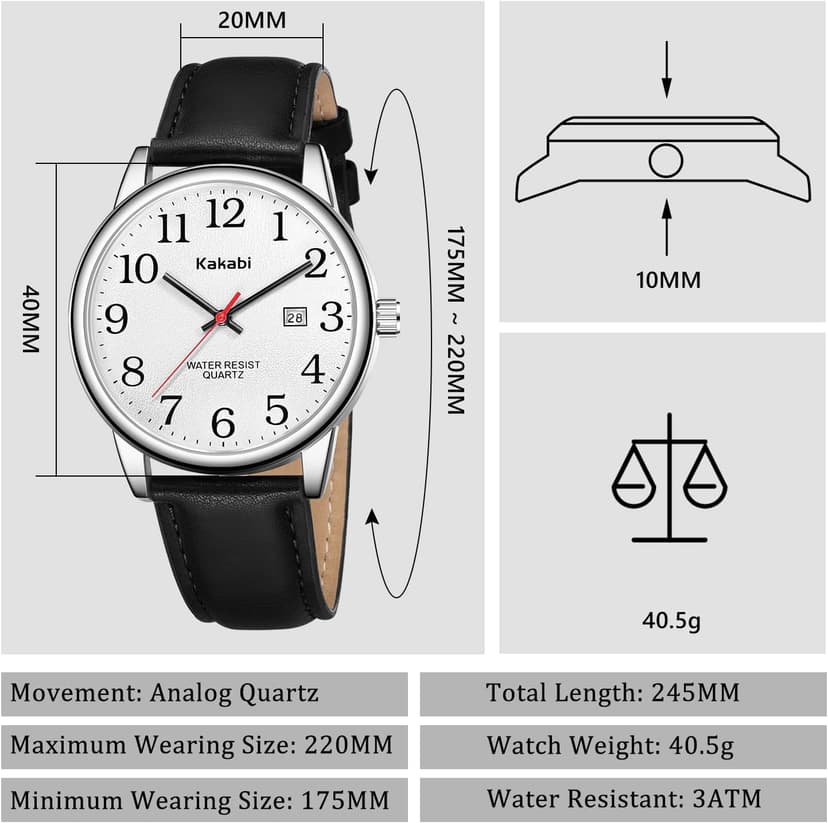 Kakabi Watch for Men, Easy Reader Unisex Analog Quartz Waterproof Wristwatch with Date and Leather Band, Casual Simple Fashion Mens Watches Gift
