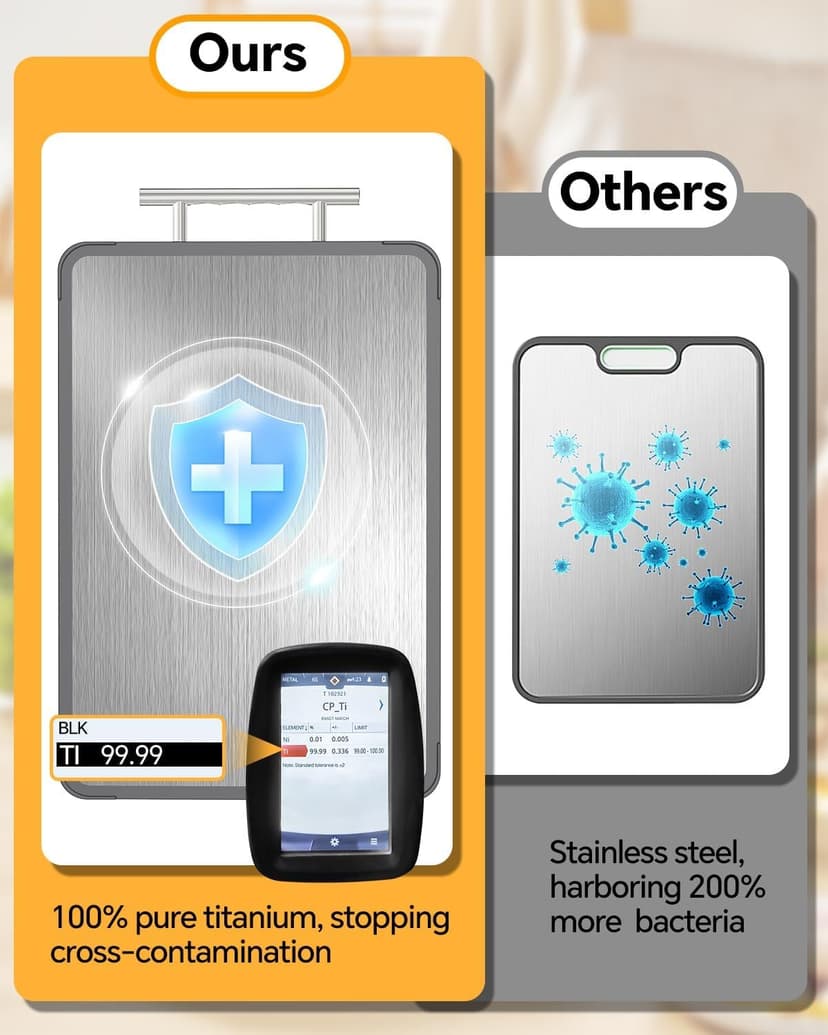 Cutting Boards for Kitchen - Food Grade Double Sided Pure Titanium& Bamboo Chopping Board with Handle, Slip resistant Non-toxic Charcuterie Board Housewarming Gifts (16×11)