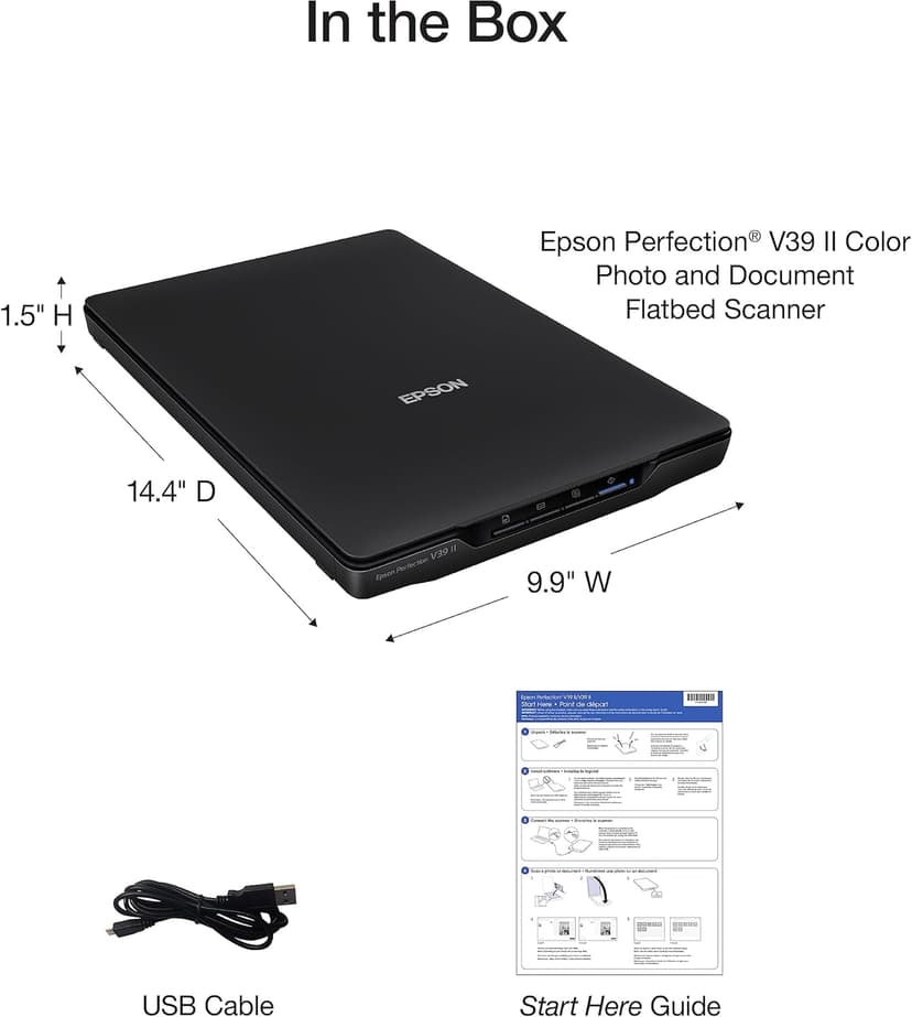 Epson - Perfection V39 II - Color Photo and Document Flatbed Scanner - 4800 dpi Optical Resolution - High-Rise, Removable Lid - Scan to Cloud - USB Power - Image Scanning - Black