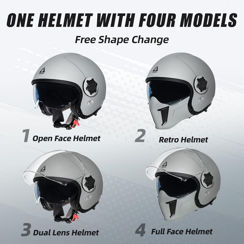 TRIANGLE Convertible Full Face Motorcycle Helmet DOT Approved for Men Women, Multi-Configuration 3/4 Open Face Street Bike Helmet with Internal Tinted Sunshield, Includes Storage Bag