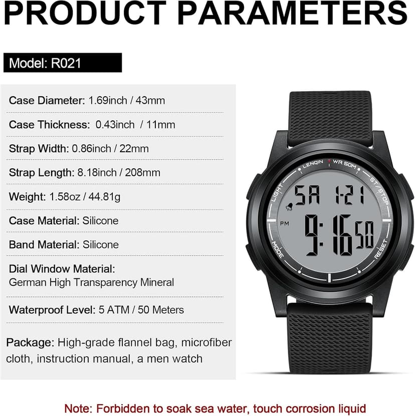 HANPOSH Mens Digital Watch Ultra Thin Minimalist Sports Waterproof Outdoor LED Screen Large Face Wrist Watches for Men with Back Light Alarm Date Stopwatch