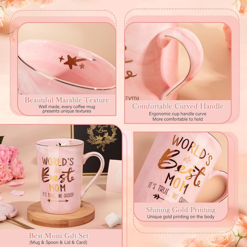 Unique Marble Gold Print Coffee Cup with Lid, Spoon, Greeting Card, Happy Moms Mothers Day Gifts Idea, Luxury Gift Boxed Set Birthday Gifts for Mom from Daughter Son, 14oz Funny Best Mom Mug, Pink B09Z7KFN1Y