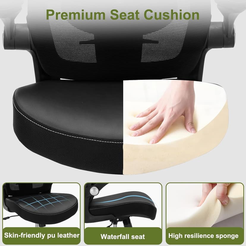 Ergonomic PU Leather Office Chair, 400lbs Weight Capacity, Breathable Mesh Back, Adjustable Height & Flip-Up Arms, Heavy Duty Computer Desk Chair for Home & Office, Black