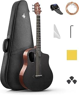 Donner Acoustic Guitar Kits for Beginners & Intermediate Learners - 38" Travel Guitar with Carbon Fiber Top, Wooden Back & Sides, Case, Strap, Steel-Strings, RISING-G1 (Gloss, Brown)