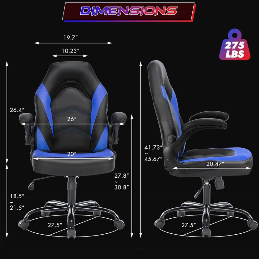 Sweetcrispy Computer Video Game Chair - Ergonomic Home Office with Comfy Lumbar Support, PU Leather Height Adjustable with Flip-up Armrest and 360° Swivel Wheels, Blue, for Adults, Teens