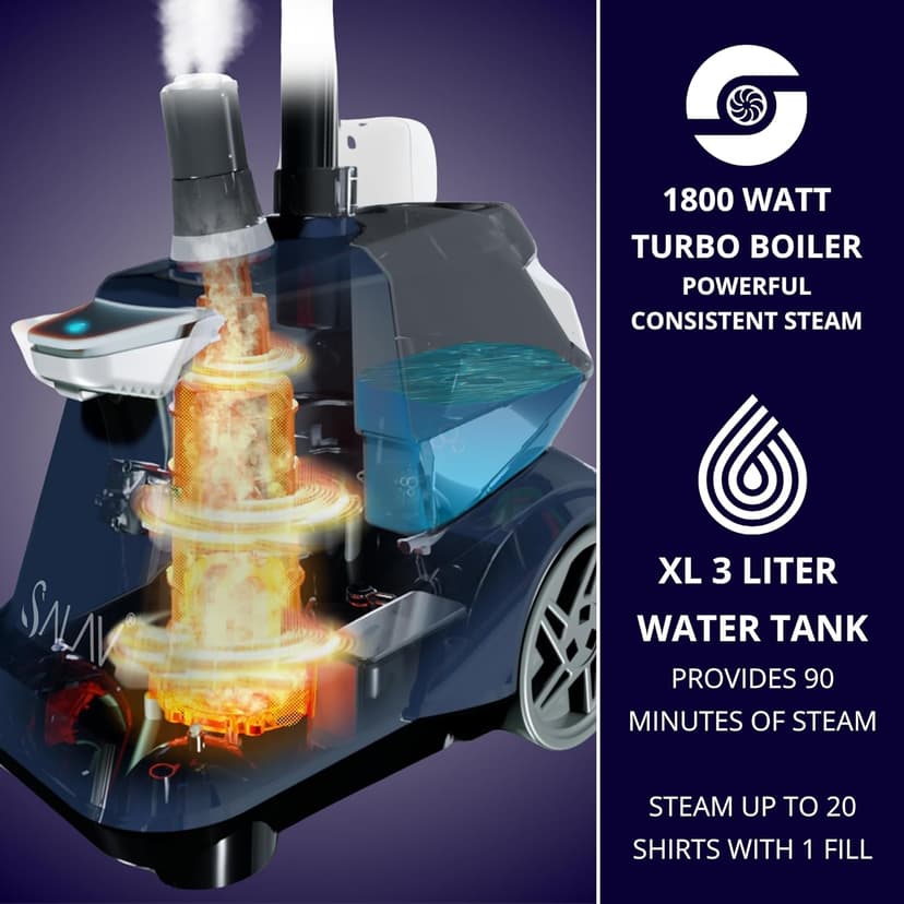 SALAV® Heavy Duty Smart Auto Shut-off Commercial Full-Size Garment Steamer, Beeping Alert when Water Runs out, Foot Pedal Control, XL 3L (101.5 oz) Tank, 1800 watts, 90+min of Continuous Steam, Navy