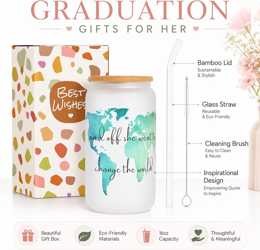 Frerdui Graduation Gift for Her – And Off She Went to Change the World 16oz Glass Cup, Cute Grad Gift for College High School Graduate, Grad Gift for Daughter Niece Granddaughter Friend B0GTY7QRB9