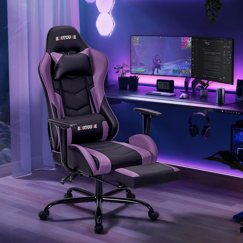 ECOTOUGE PC Massage Gaming Chair with Footrest Ergonomic Office Desk Chair Racing PU Leather Recliner Swivel Rocker with Headrest and Lumbar Pillow, Violet