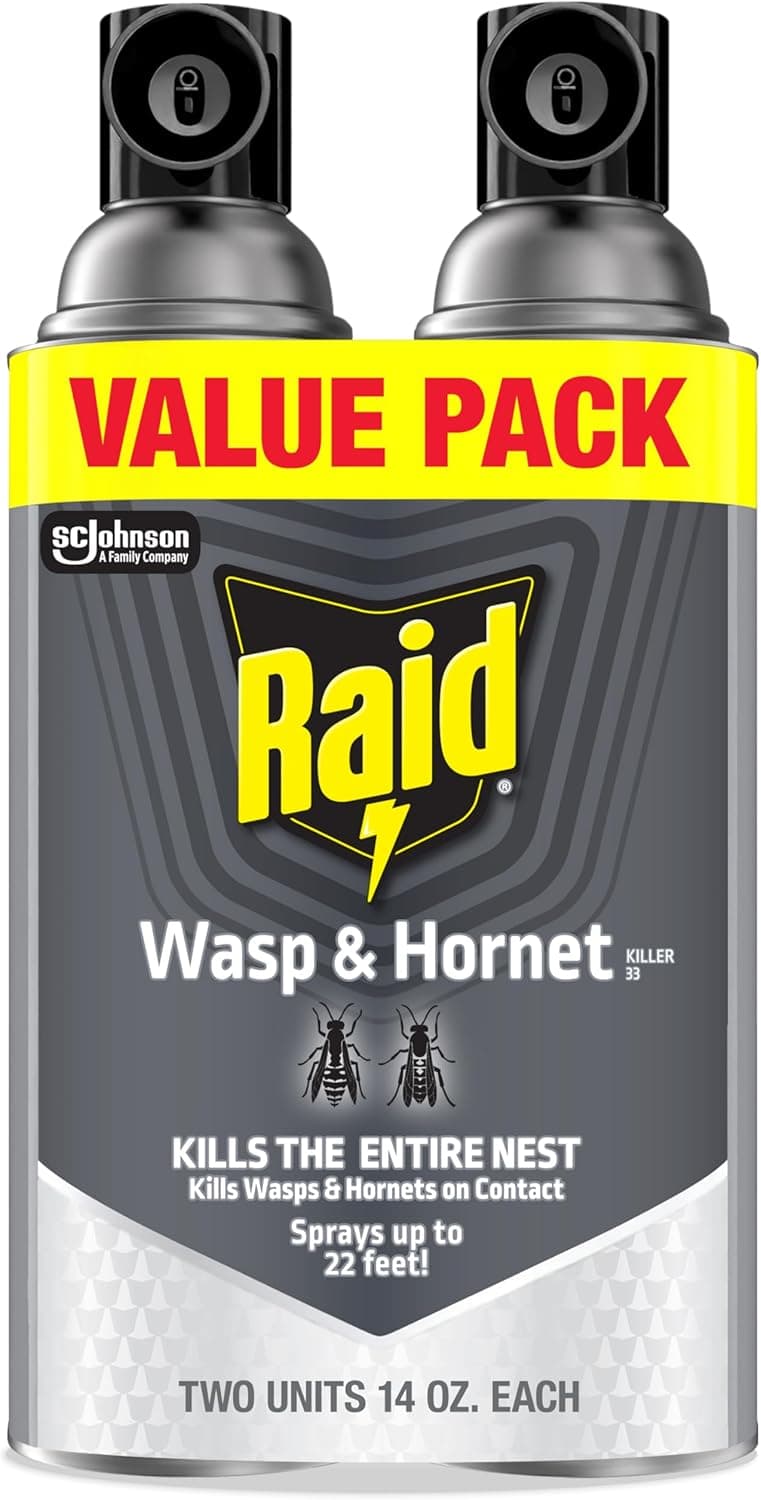 Raid Wasp & Hornet Killer Spray, Kills the Entire Nest, For Paper Wasps, Yellow Jackets, Mud Daubers and more, 14 oz (Pack of 2)