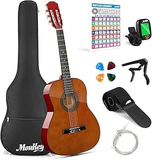 Moukey 36" Acoustic Guitar for Beginners Kids Youth 3/4 Size Dreadnought Travel Guitarra Acustica Kit with Chord Poster, Gig Bag, Tuner, Picks, Nylon Strings, Capo, Strap - Brown