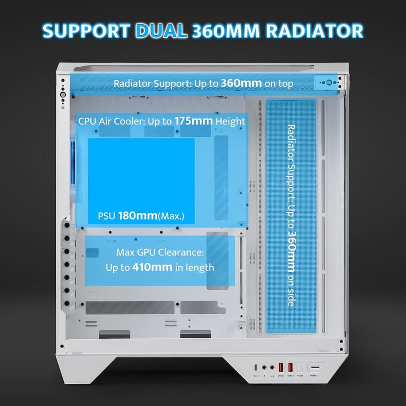 darkFlash Full-Tower ATX Gaming PC Case, Back Plug-in Motherboard, Vertical GPU Mounting, Dual-Chamber, Panoramic Glass, Up to 2 x 360mm Radiators, RTX 40 Compatible(DY470) (1 PWM ARGB Fans, White)