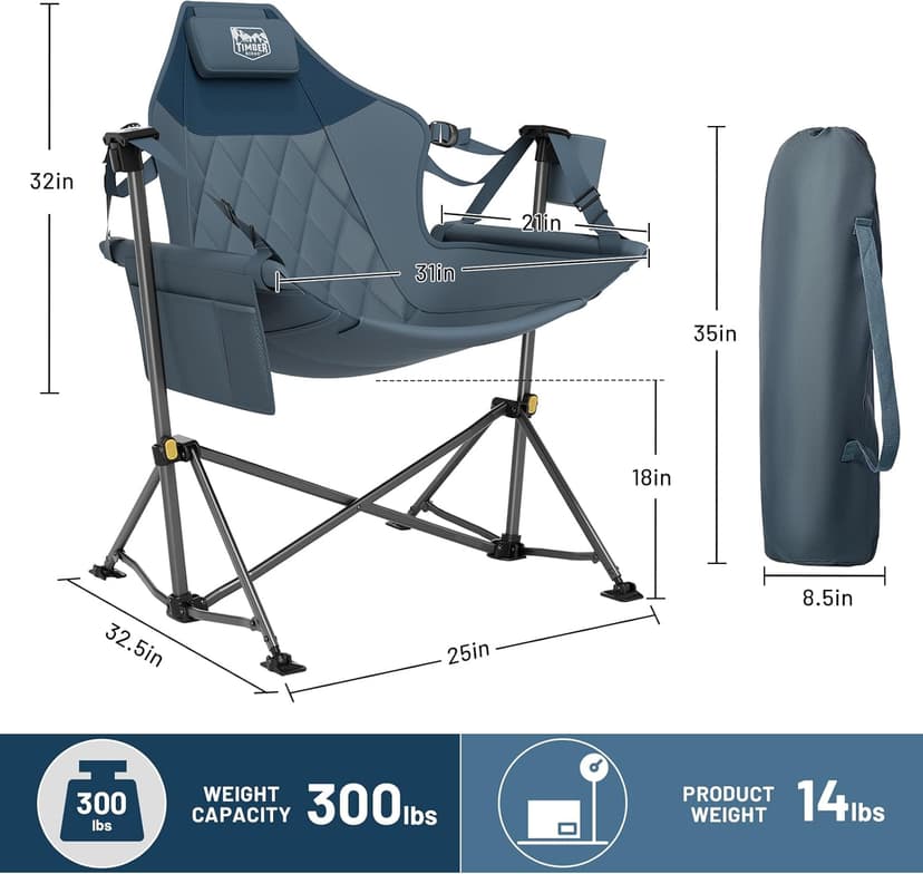TIMBER RIDGE Hammock Camping Chair with Adjustable Backrest, Heavy Duty Folding Hammock Chair Supports 300lbs, Portable Hammock Chair for Camping, Travelling and Patio, Blue