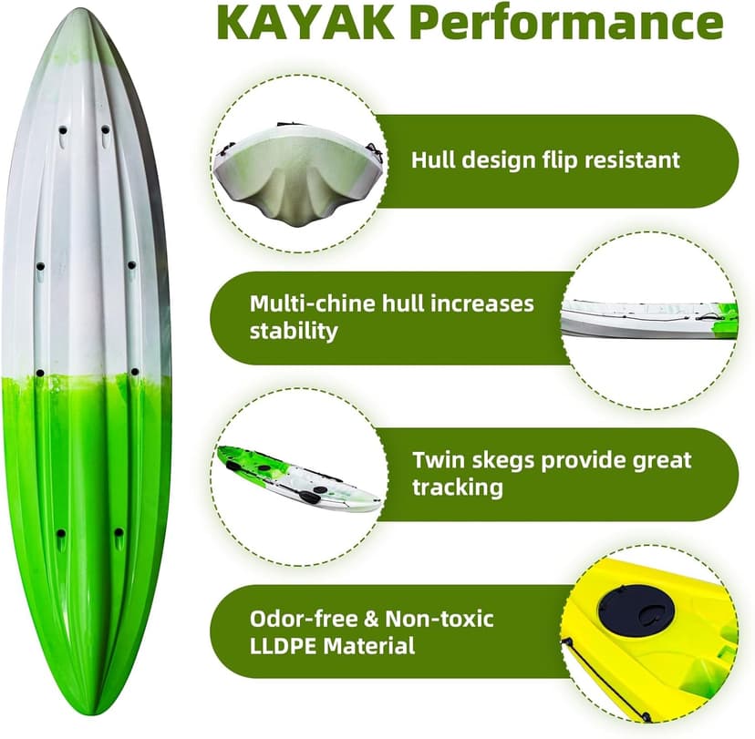 Fishing Kayaks, 12.4FT, 2-3 Person Sit on Top Kayak for Adults with Paddle & Comfortable Seat, Capacity of 600LBS, Hard Shell Recreational Ocean Kayak Boat