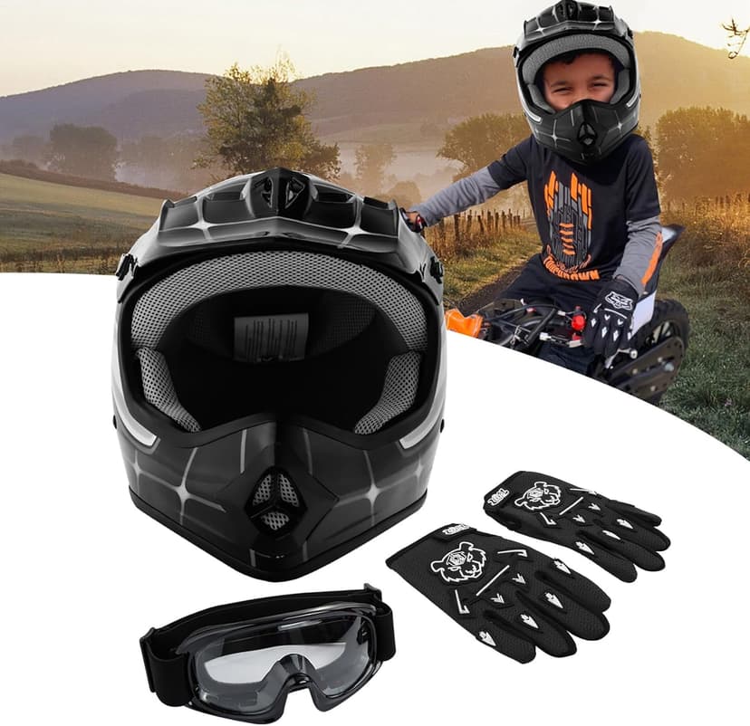 SLMOTO DOT Youth & Kids Motocross Offroad Street Helmet Black Spider Motorcycle Youth Helmet Dirt Bike Motocross ATV Helmet+Goggles+Gloves Medium
