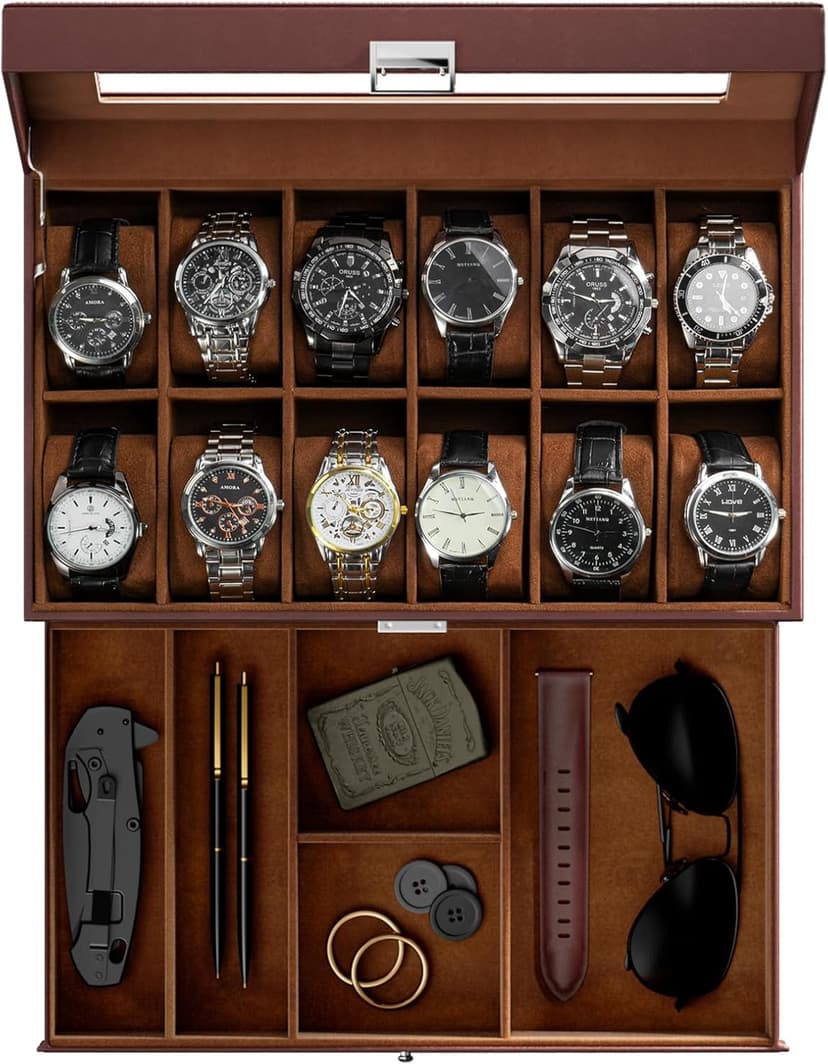 ProCase ProCase Watch Box, 12 Slot Mens Watch Case With Drawer, 2-Layer Watch Display Case With Glass Lid, Mens Jewelry Box Storage Holder Organizer, Birthday Valentine Gifts for Men -12Slot, Espresso