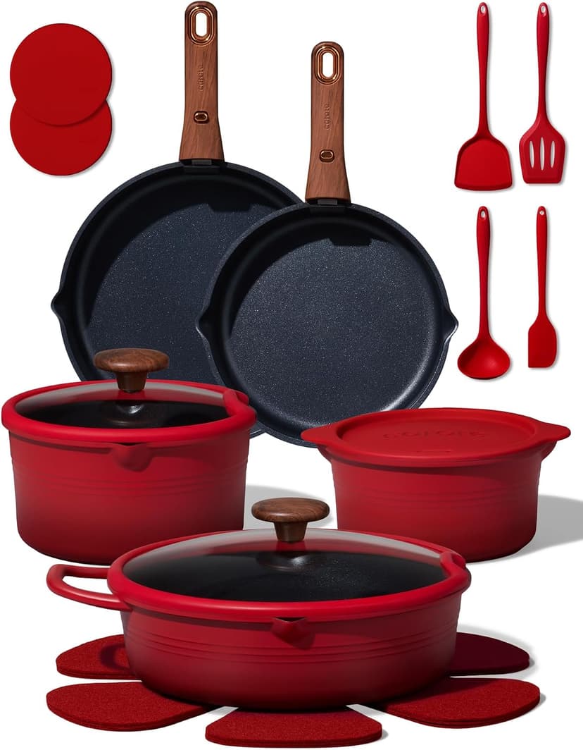 Non-Stick, Non-Toxic, Induction Compatible, Dishwasher & Oven Safe, Space Saving, Camping Cooking, House Warming Gift, Red CAROTE 20pcs Titanium Cookware Set, Detachable Handle Pots and Pans Set B0G6DTV7NG