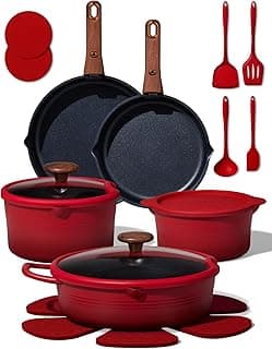 Non-Stick, Non-Toxic, Induction Compatible, Dishwasher & Oven Safe, Space Saving, Camping Cooking, House Warming Gift, Red CAROTE 20pcs Titanium Cookware Set, Detachable Handle Pots and Pans Set B0G6DTV7NG