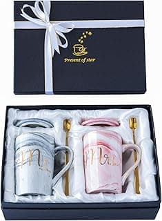 Jumway Mr and Mrs Coffee Mugs - Wedding Gifts for Bride and Groom - Gifts for Bridal Shower Engagement Wedding and Married Couples Anniversary - Ceramic Marble Cups 14 Oz Pink