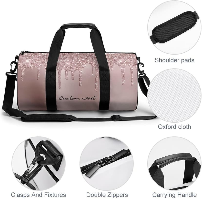Aicihert Customized Travel Bag Personalized Rose Gold Glitter Pattern Duffle Bag with Name Large Capacity Sports Bag Custom Gym Bag for Women Men
